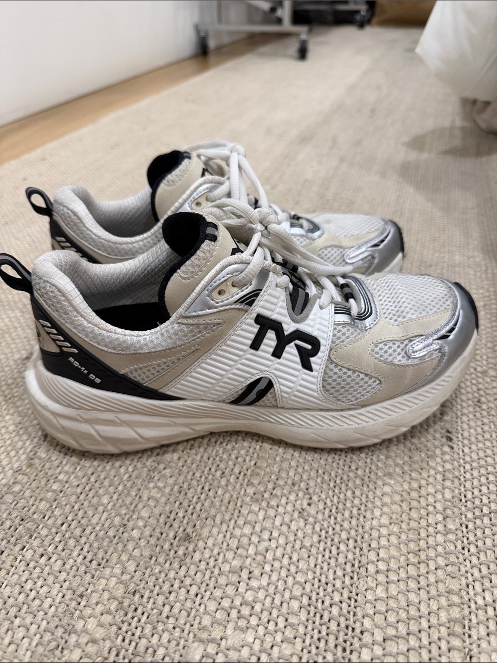 TYR Women’s White and Black Athletic Sneakers with Silver Accents